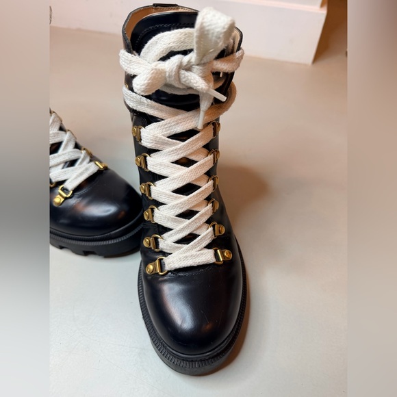 Gucci Black Leather Combat Ankle Boots | White Laces | Gold Accents | Size 7 - Picture 6 of 17